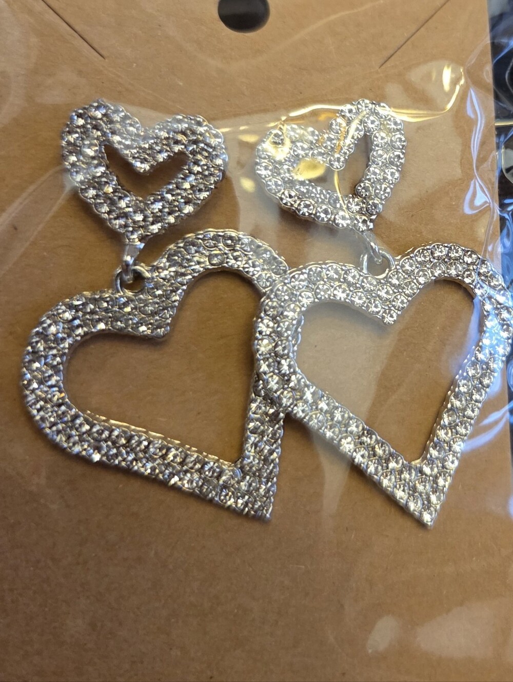 Rhinestone Double Heart Drop Earrings - Silver